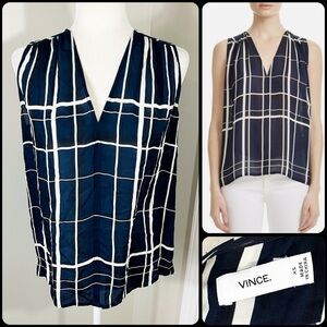 VINCE Navy Blue Lattice Print V-Neck Sleeveless 100% Silk Blouse - XS